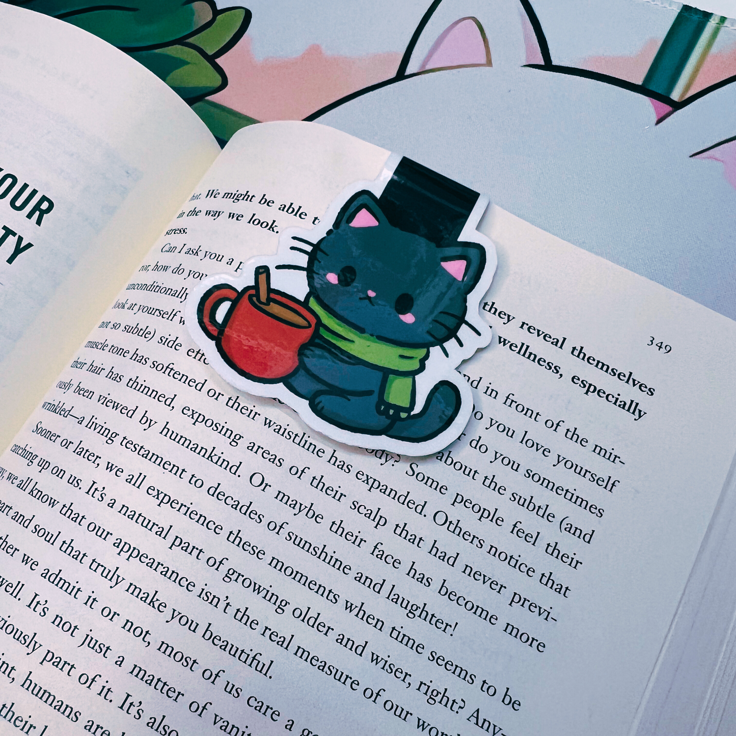 Black Cat Cup Of Tea Magnetic Bookmark