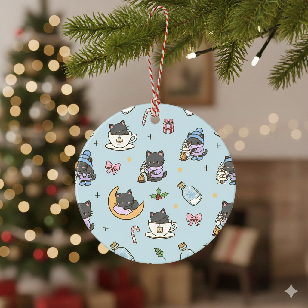Black Cat Snowy Night Kawaii Christmas Ornament