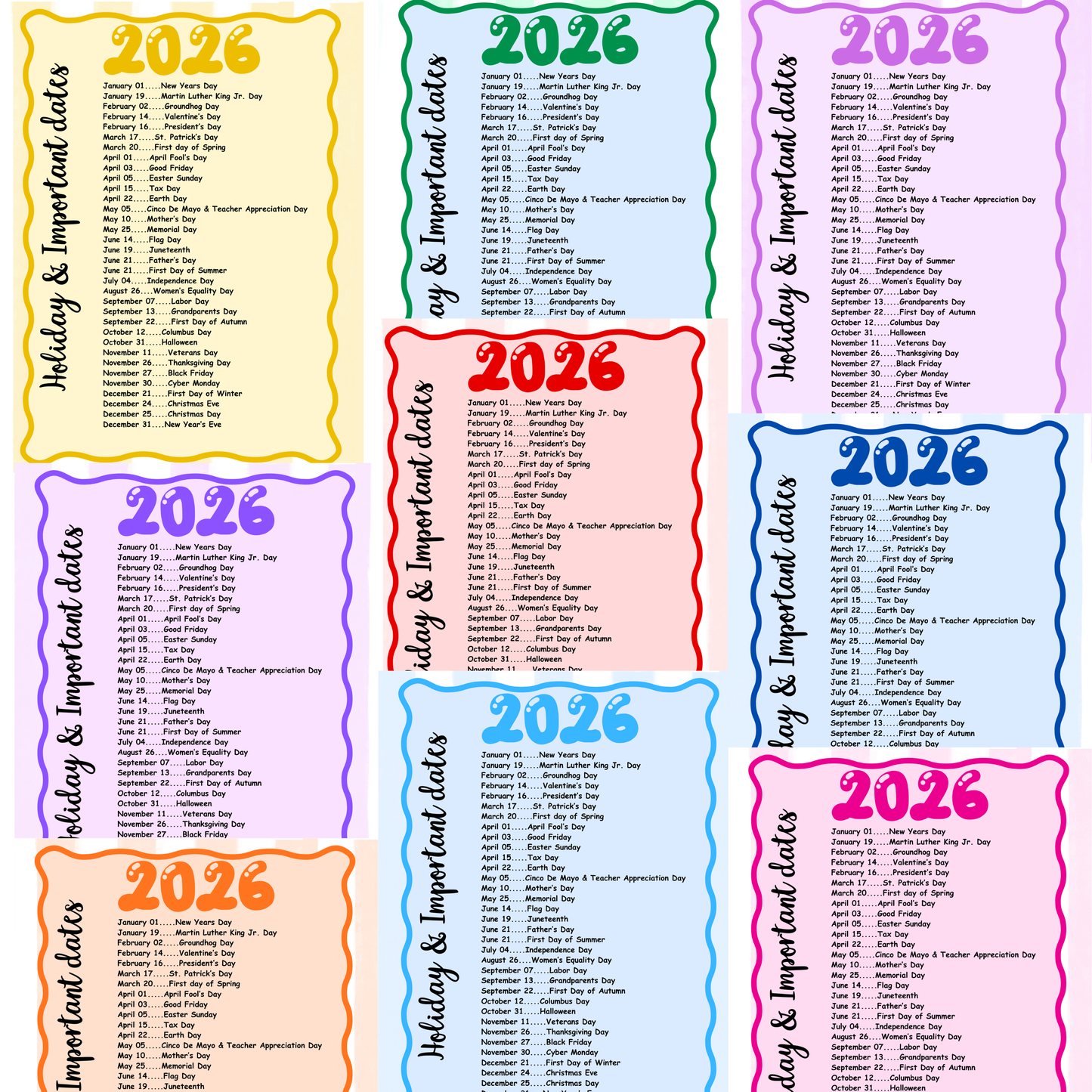 2026 Holiday Calendar- 9 pages,9 different colors-PRINTABLE