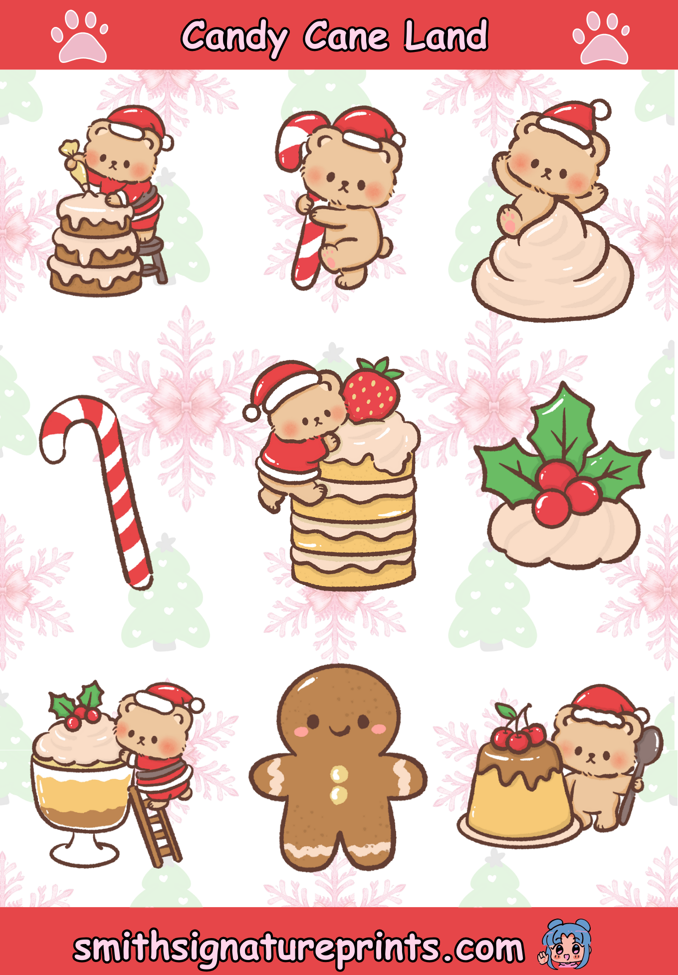 Brown Bear Candy Cane Land Kawaii Christmas Sticker Sheet