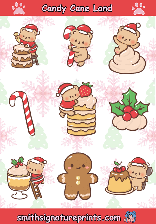 Brown Bear Candy Cane Land Kawaii Christmas Sticker Sheet