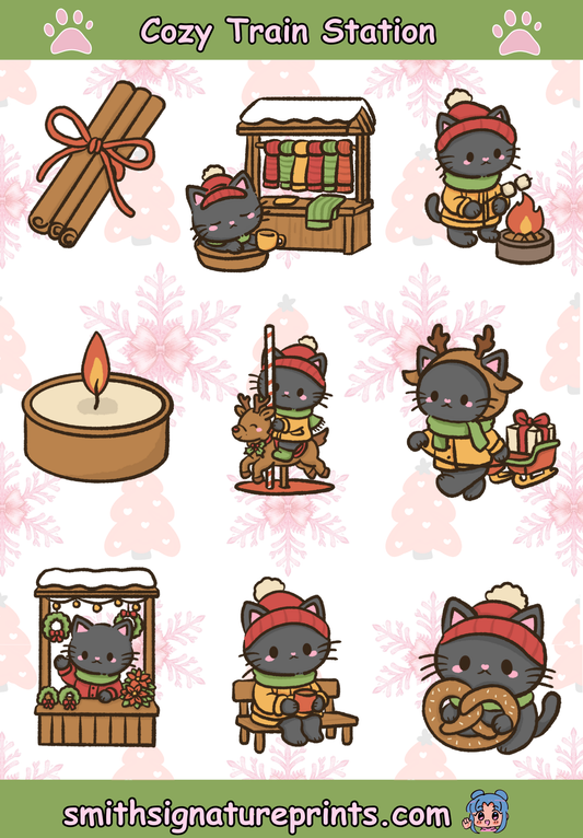 Black Cat Cozy Train Station Kawaii Christmas Sticker Sheet