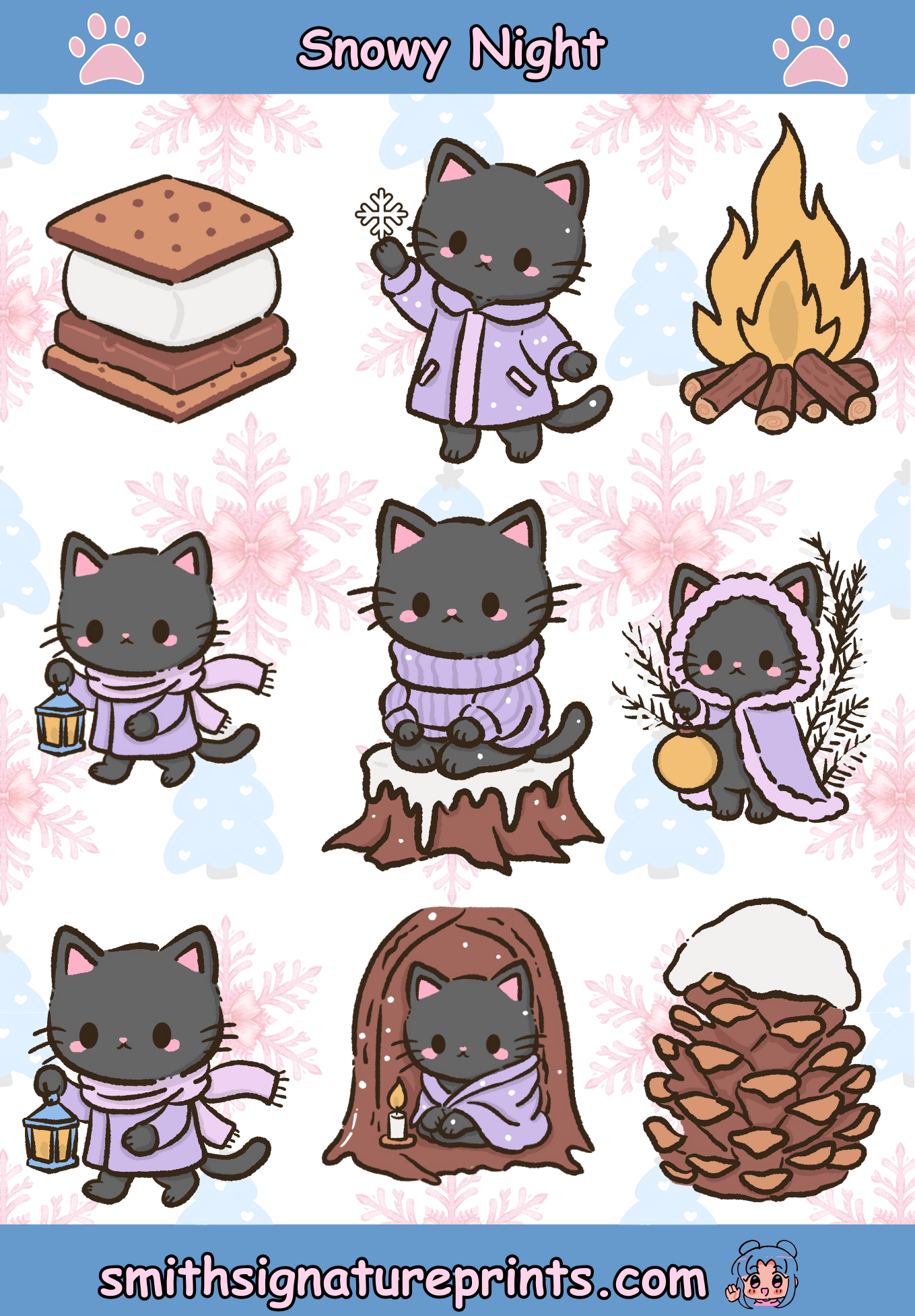 Black Cat Snowy Night Kawaii Christmas Sticker Sheet