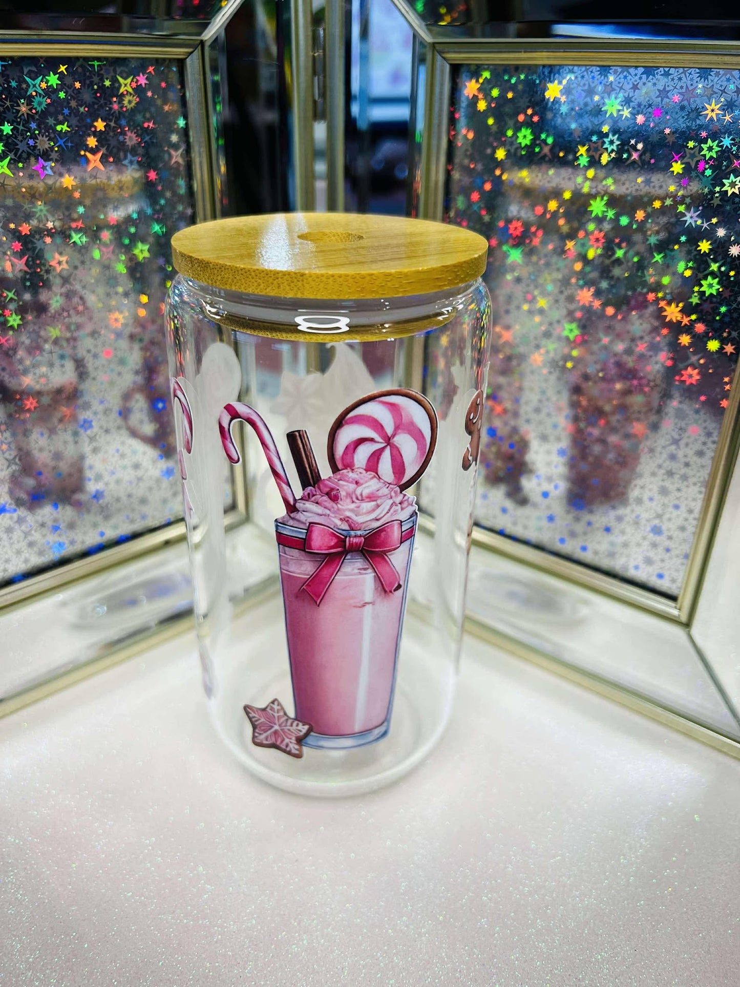 Pink Christmas Milkshake 16 oz glass cup