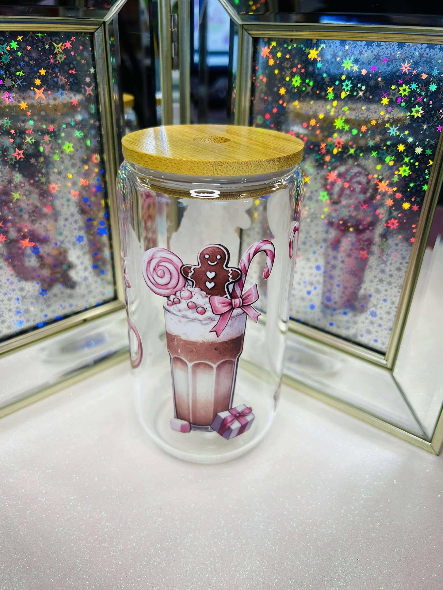 Pink Christmas Milkshake 16 oz glass cup