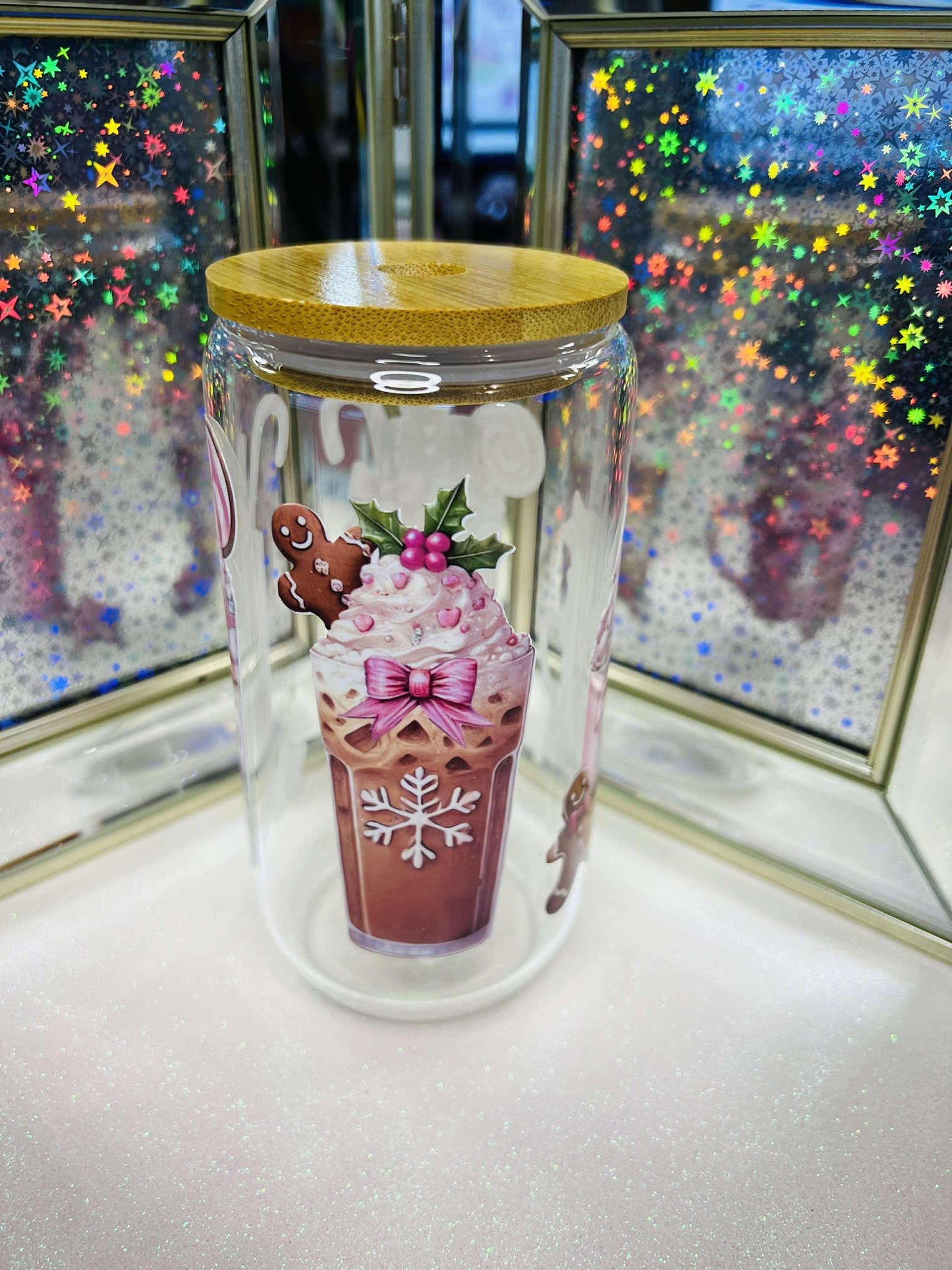 Pink Christmas Milkshake 16 oz glass cup