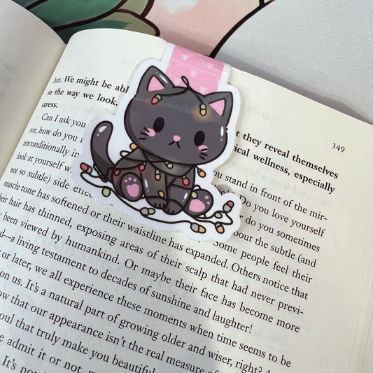 Black Cat Christmas Lights Magnetic Bookmark