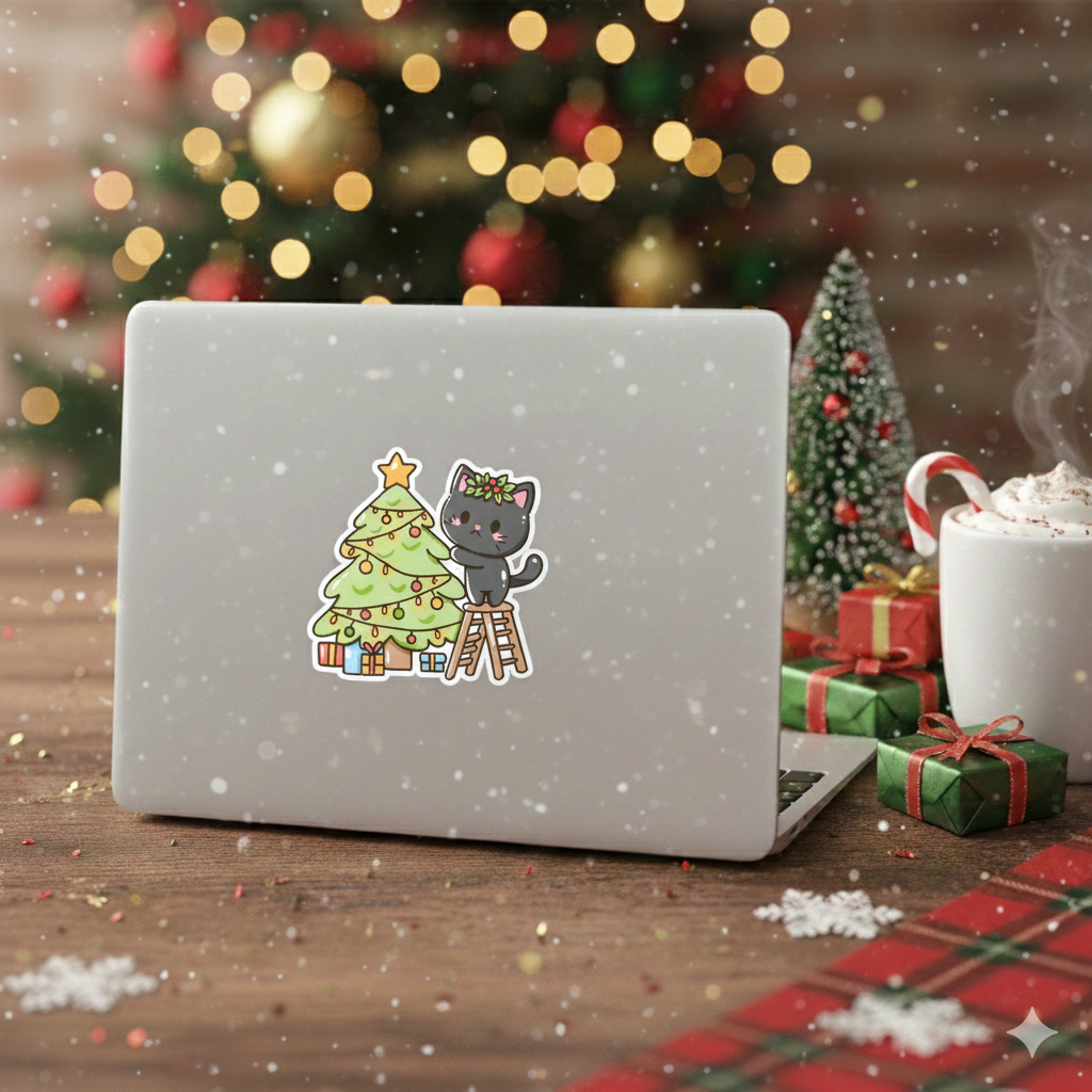 Snowy Santa Paws Black Cat Kawaii Christmas Sticker