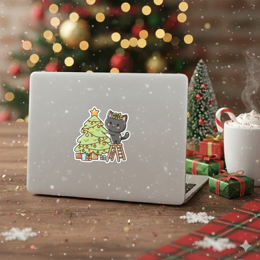 Snowy Santa Paws Black Cat Kawaii Christmas Sticker