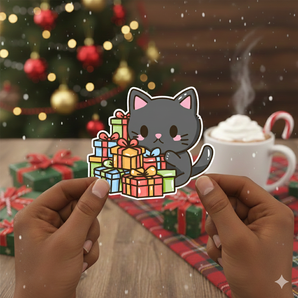 Jingle Bell Black Cat Kawaii Sticker