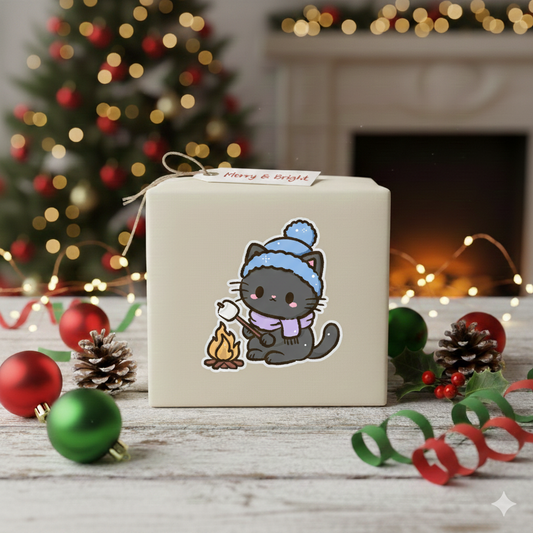 Black Cat Camp Fire Cute Kawaii Christmas Sticker