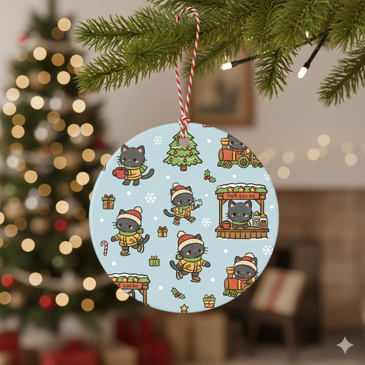 Black Cat Cozy Train Station Kawaii Christmas Ornament