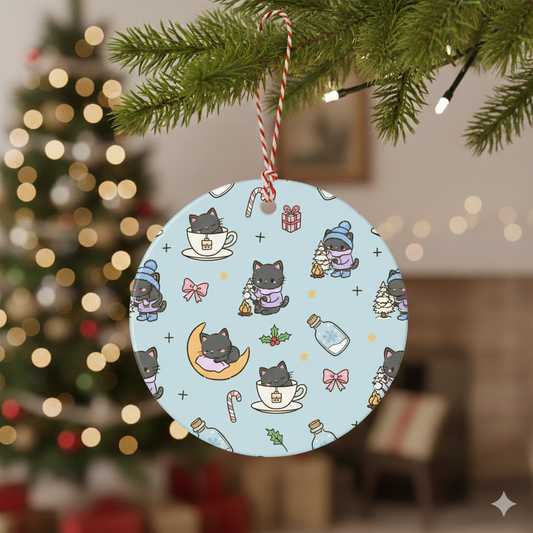 Black Cat Snowy Night Kawaii Christmas Ornament