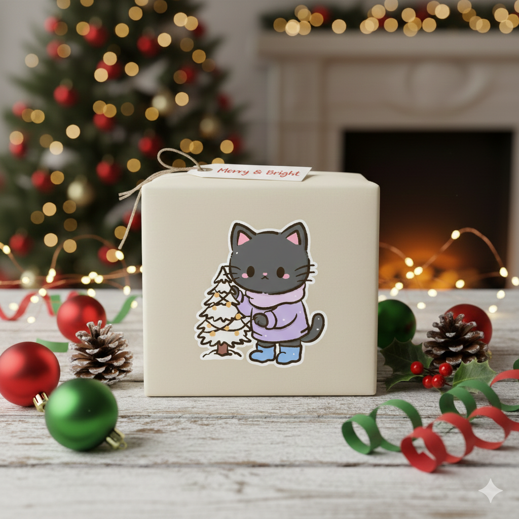 Black Cat Merry Winter Cute Kawaii Christmas Sticker