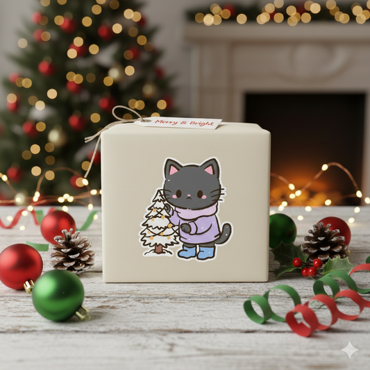 Black Cat Merry Winter Cute Kawaii Christmas Sticker