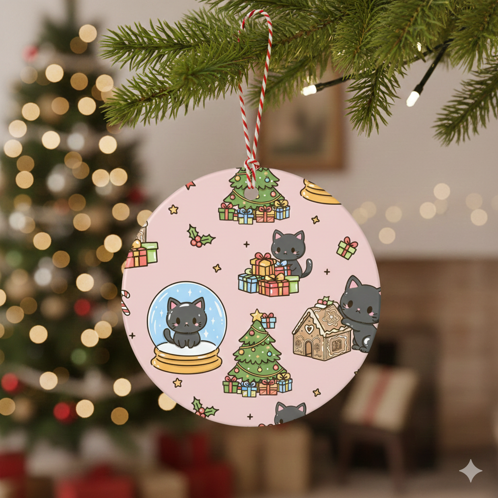 Black Cat Winter Whiskers Wishes Kawaii Ornament