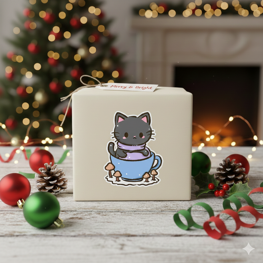 Black Cat Winter Cup Cute Kawaii Christmas Sticker