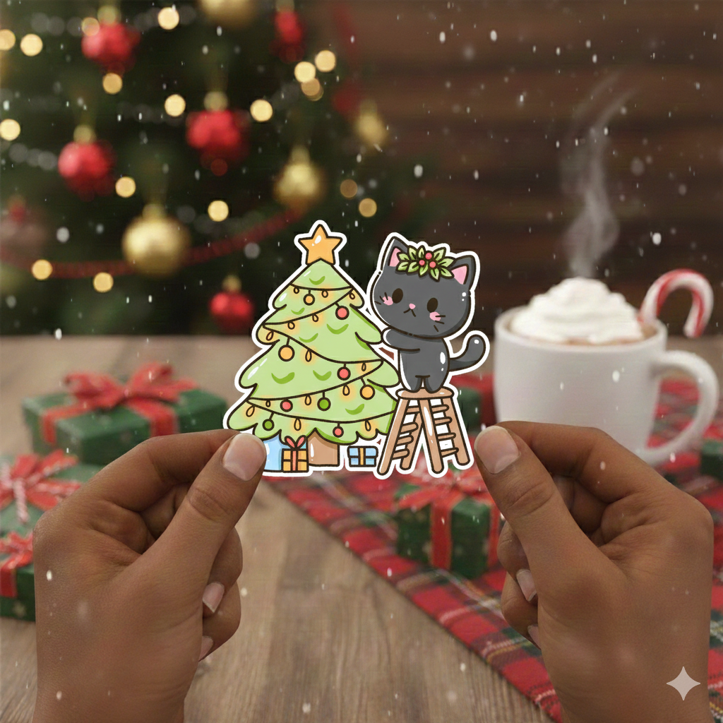 Snowy Santa Paws Black Cat Kawaii Christmas Sticker