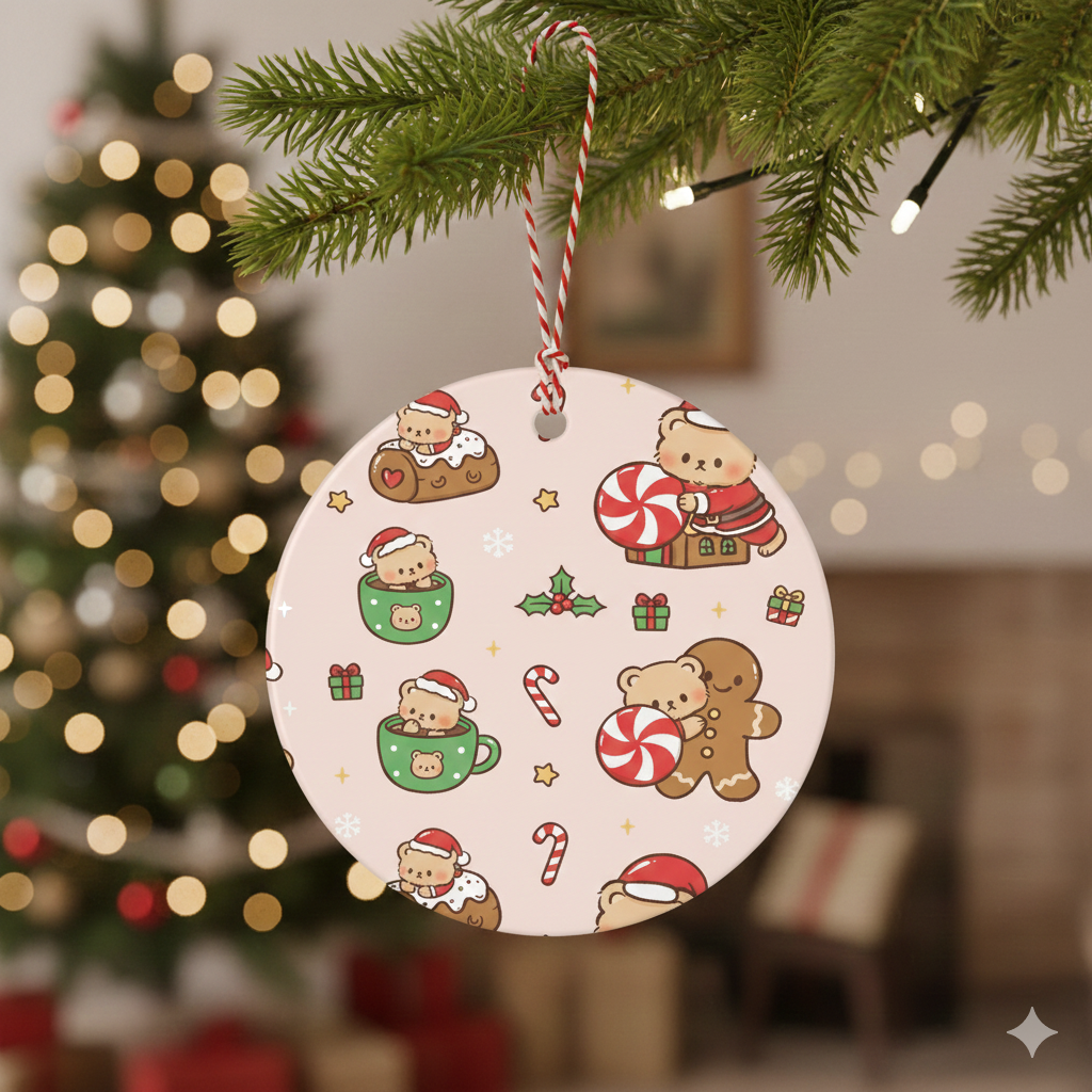 Brown Bear Candy Cane Land Kawaii Christmas Ornament