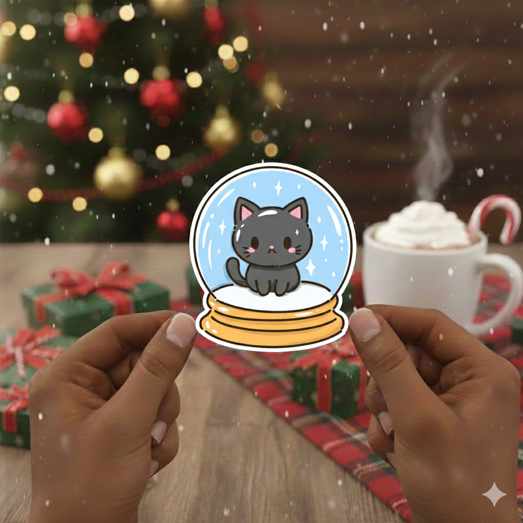 Black Cat Snow-Globe Kawaii Christmas Sticker