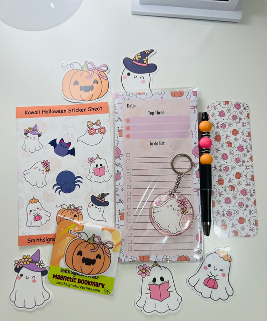 Kawaii  Halloween Pink Ghost Grab Bag – Cute Fall Stationery, Stickers, Memo Pads, and Surprise Goodies