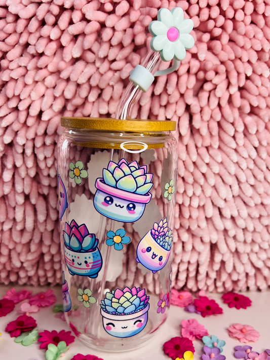 Pastel Succulent 16 oz. Glass Cup