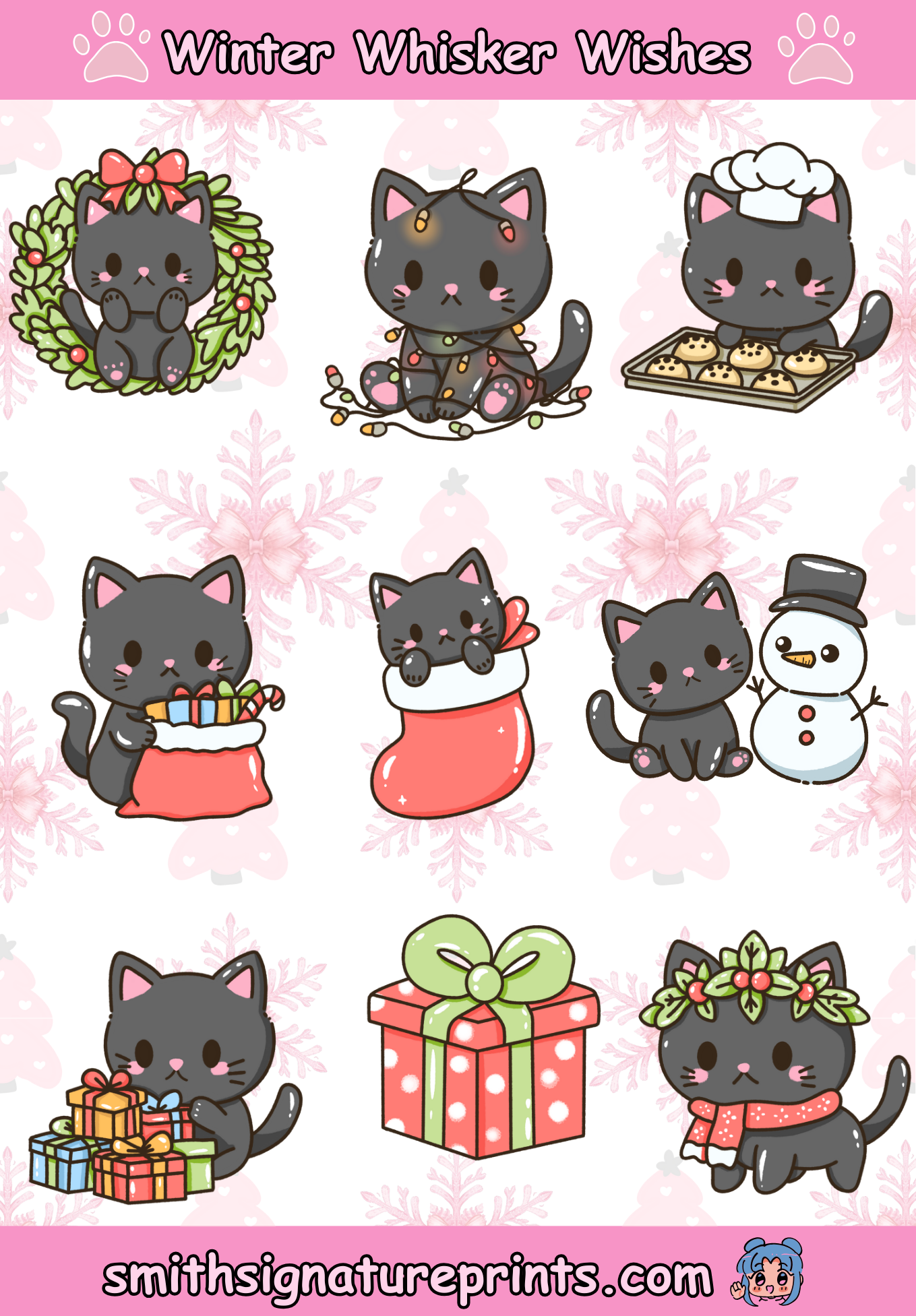 Black Cat Winter Whiskers Wishes Kawaii Christmas Sticker Sheet